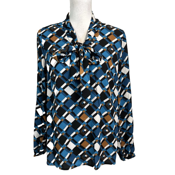 Nine West Blouse Tunic size Medium Blue Brown Bow Neck Tie Career Modest Church - Picture 1 of 8